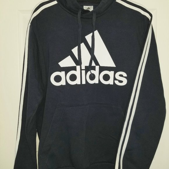 **Adidas Mens Hoodie Sweatshirt Sz M Navy Blue Pullover logo 3 Stripes Excellent - Picture 1 of 2